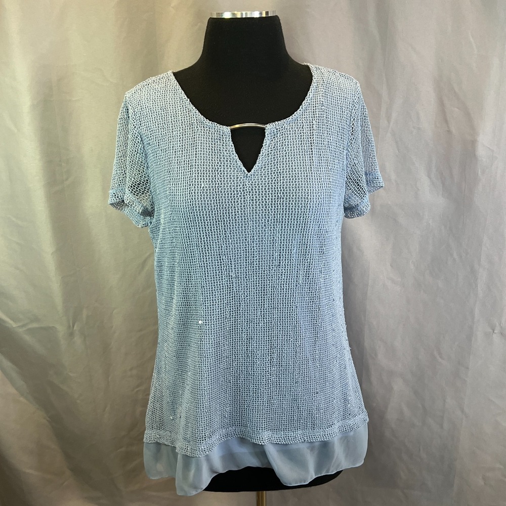 JM Collection Blouse Top Women Medium Light Blue Mesh Split Neck Short Sleeve